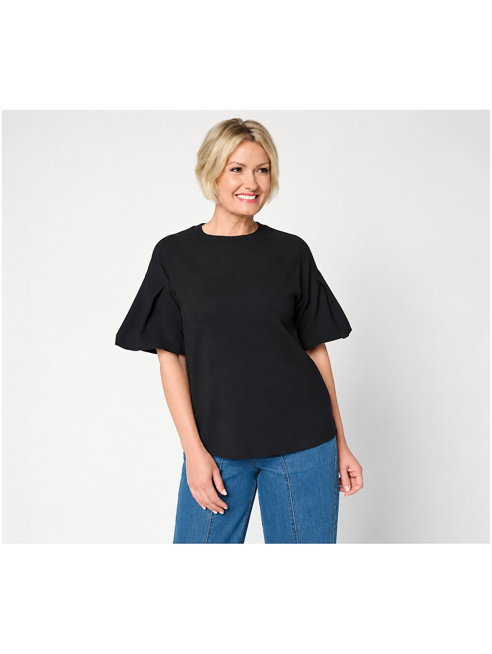 LOGO by Lori Goldstein Pleat Sleeve Drop Shoulder Sweatshirt Black, Size X-Small
